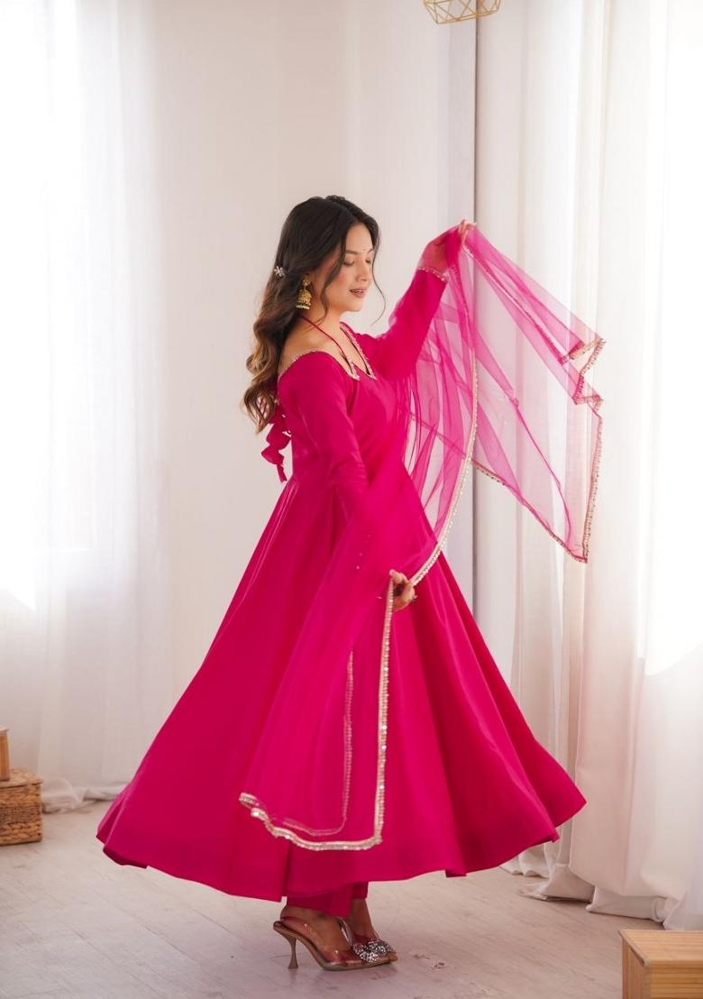 Rani Pink Embroidery Silk Salwar Kameez - Indya