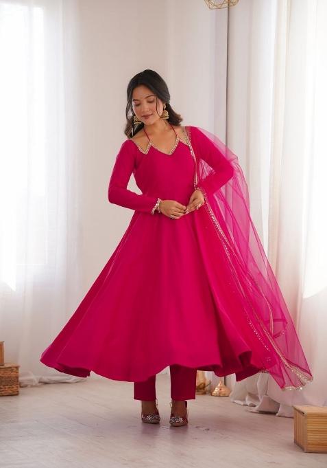 Rani Pink Embroidery Silk Salwar Kameez