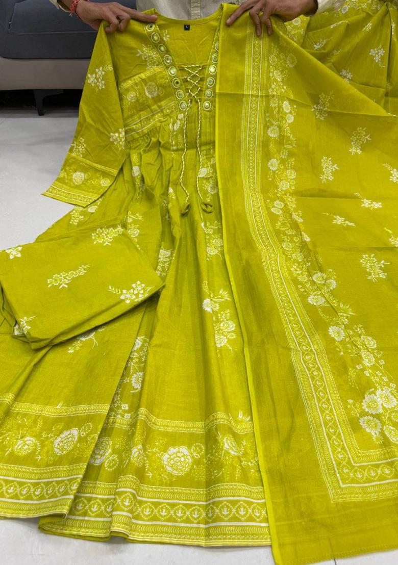 Green Embroidery Cotton Salwar Kameez - Indya