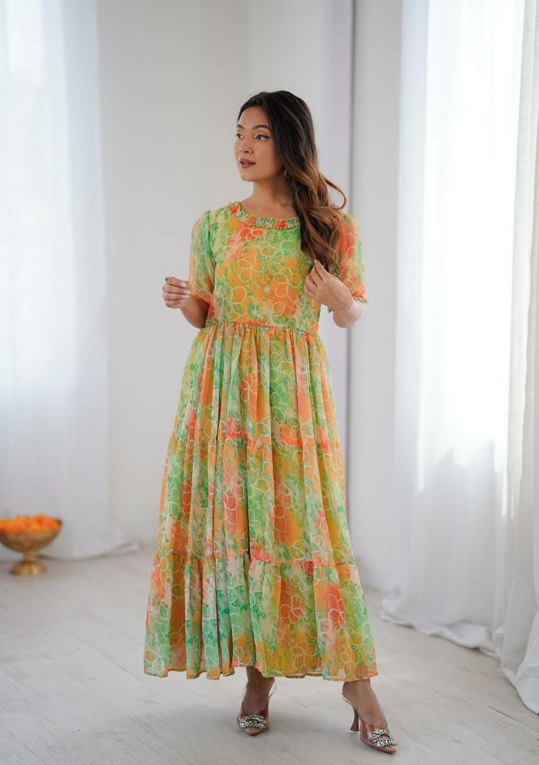 Green Embroidery Georgette Kurta - Indya