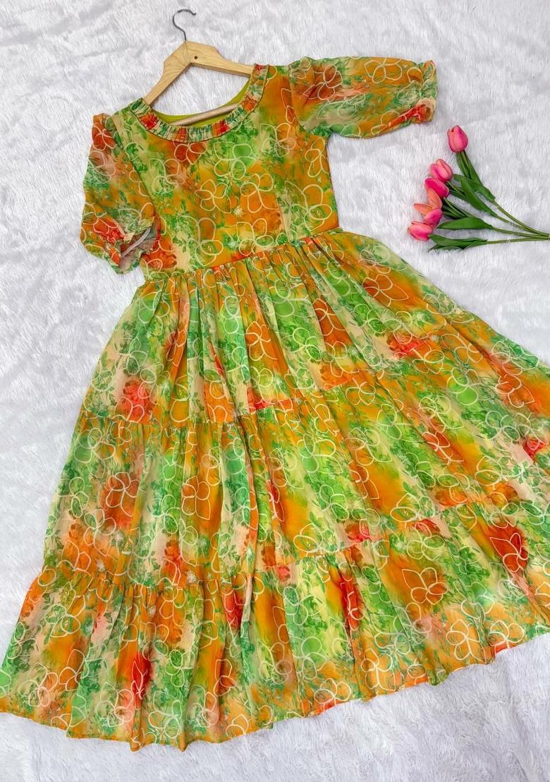 Green Embroidery Georgette Kurta - Indya