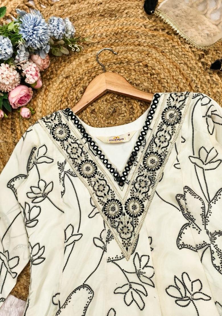 White Embroidery Crepe Salwar Kameez - Indya