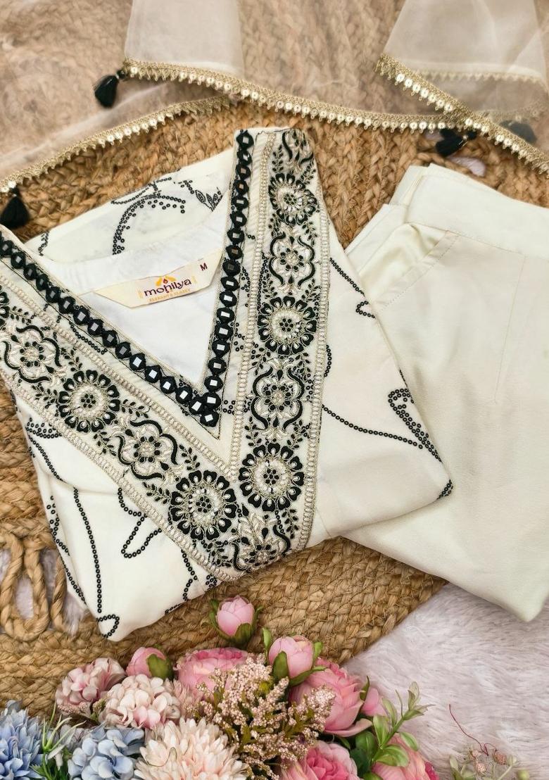 White Embroidery Crepe Salwar Kameez - Indya