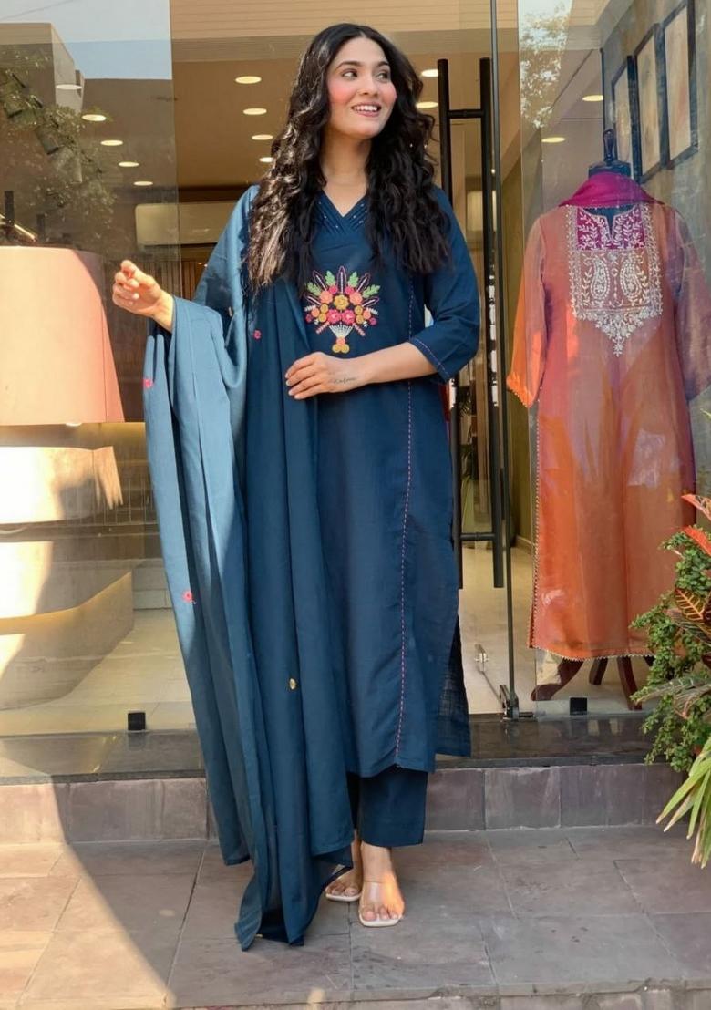Blue Embroidery Viscose Salwar Kameez - Indya