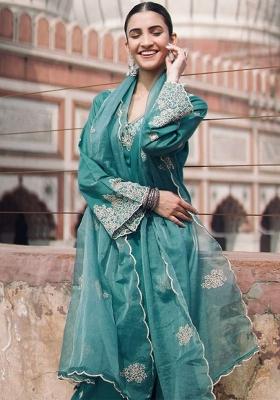 Rama Green Embroidery Rayon Salwar Kameez