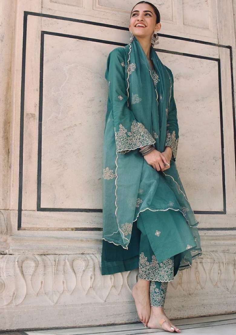 Rama Green Embroidery Rayon Salwar Kameez - Indya