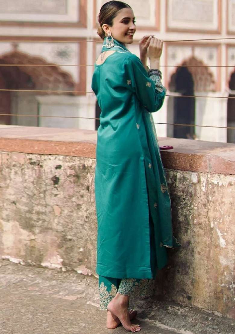 Rama Green Embroidery Rayon Salwar Kameez - Indya