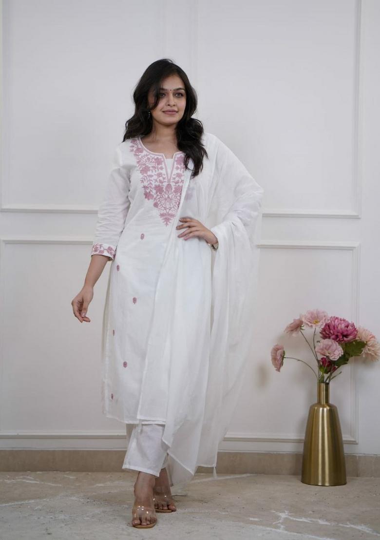 White Embroidery Cotton Salwar Kameez - Indya