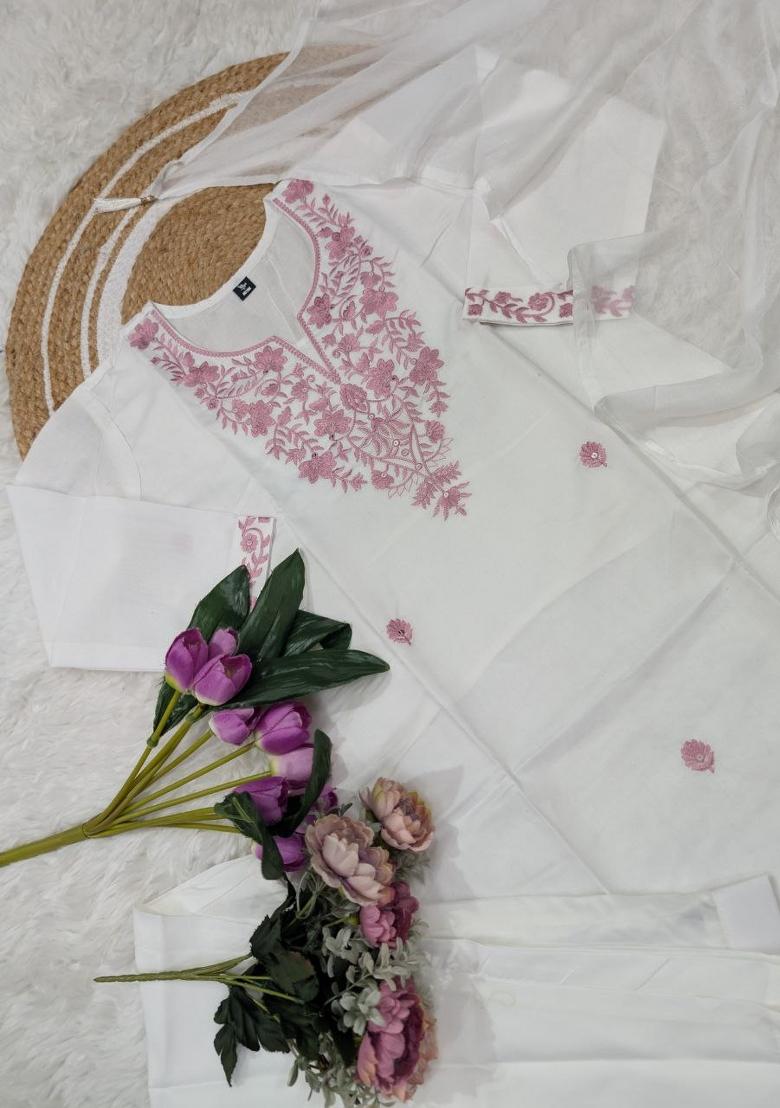 White Embroidery Cotton Salwar Kameez - Indya