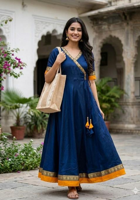 Blue Embroidery Vichitra Kurta
