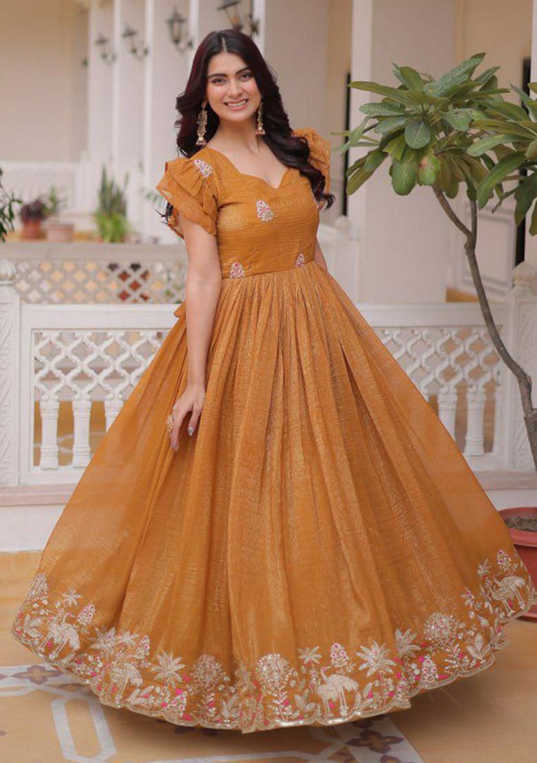 Brown Embroidery Crunchy Kurta - Indya