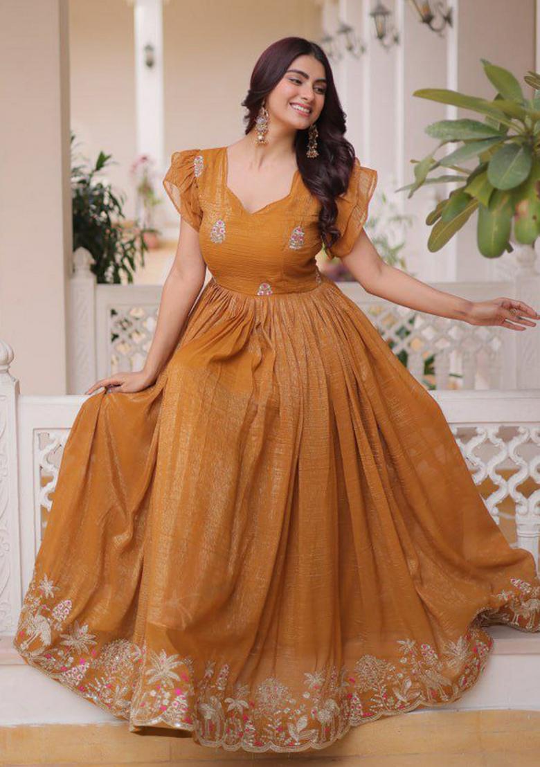 Brown Embroidery Crunchy Kurta - Indya