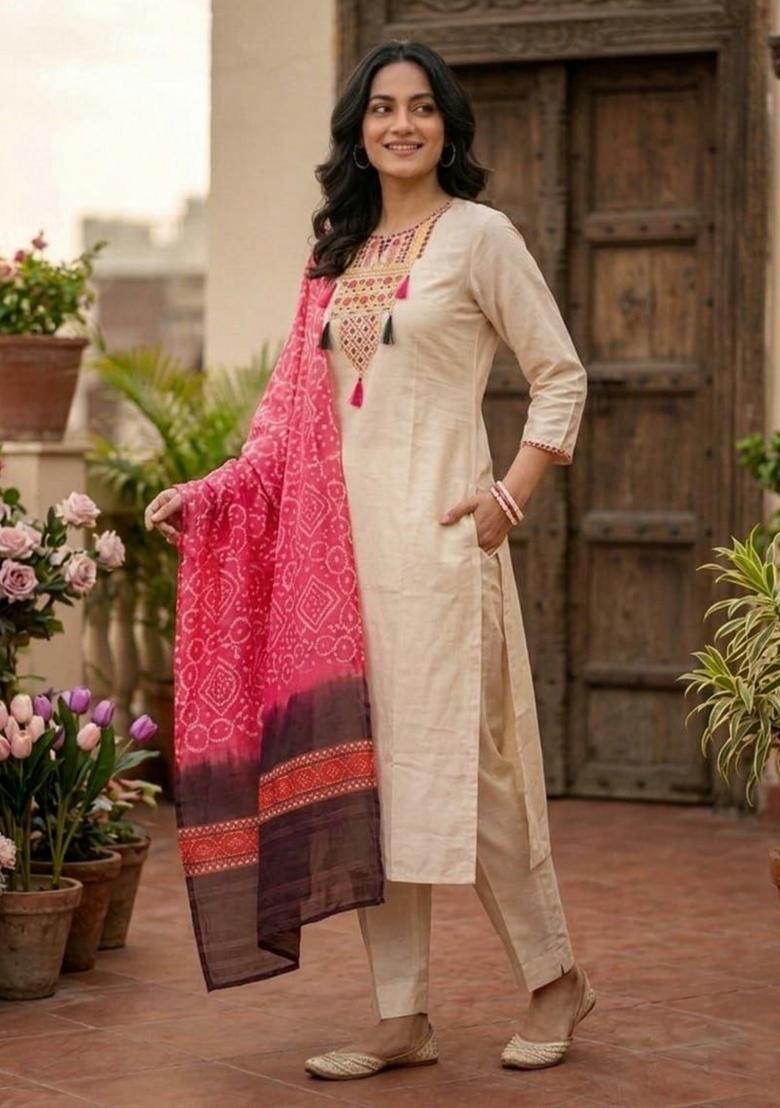 White Embroidery Silk Salwar Kameez - Indya
