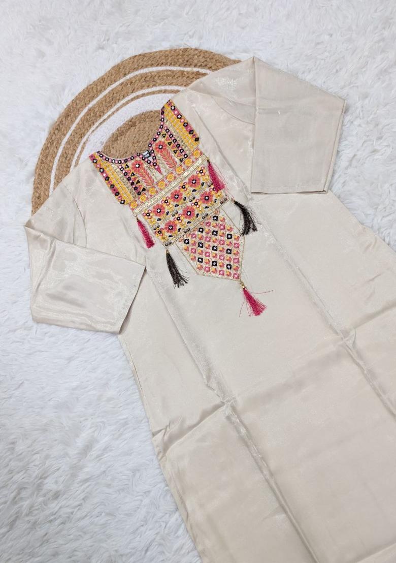 White Embroidery Silk Salwar Kameez - Indya