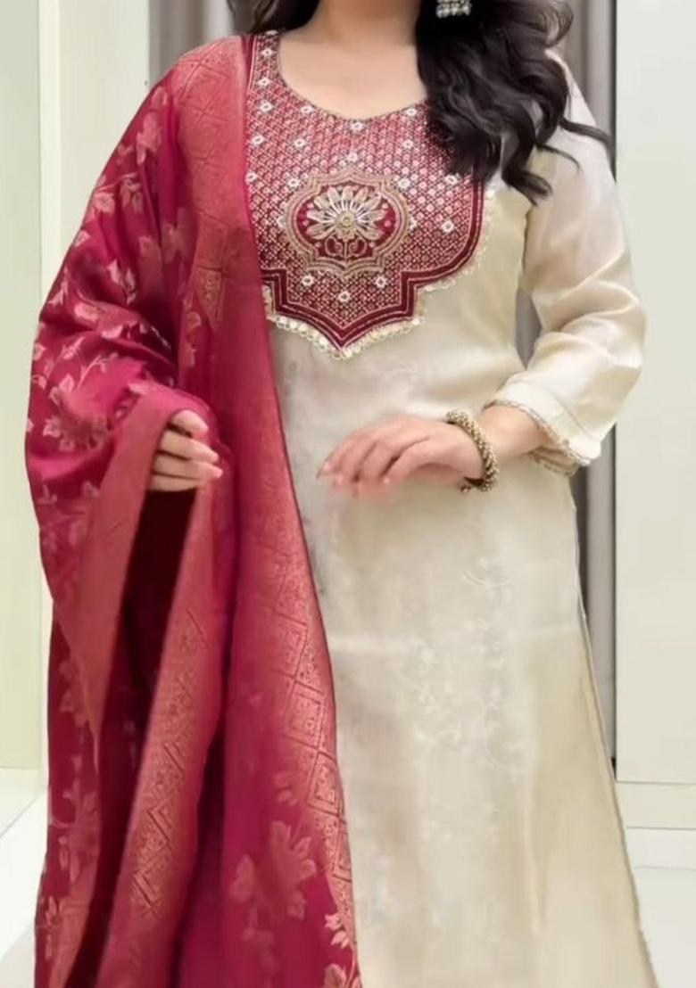 White Embroidery Banarasi Salwar Kameez - Indya