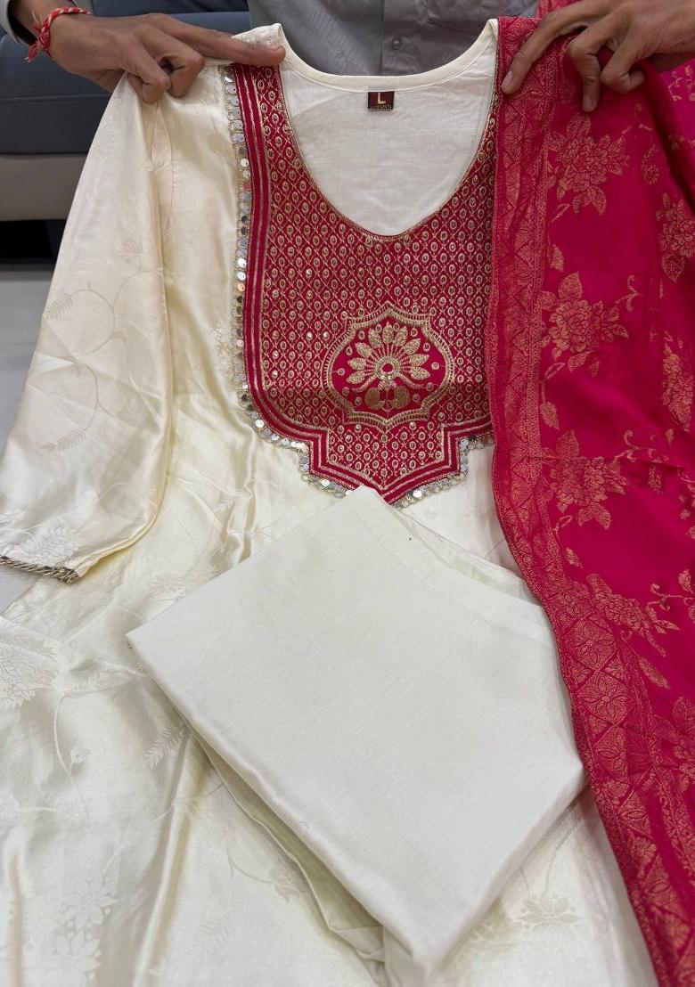 White Embroidery Banarasi Salwar Kameez - Indya