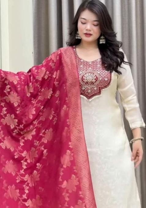 White Embroidery Banarasi Salwar Kameez