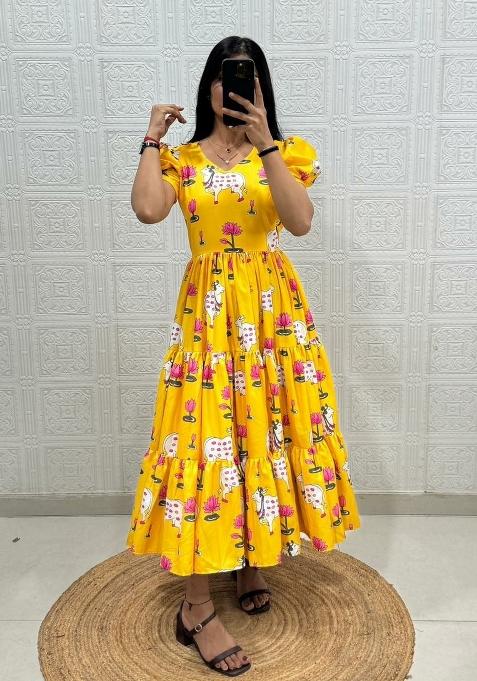 Yellow Embroidery Cotton Kurta