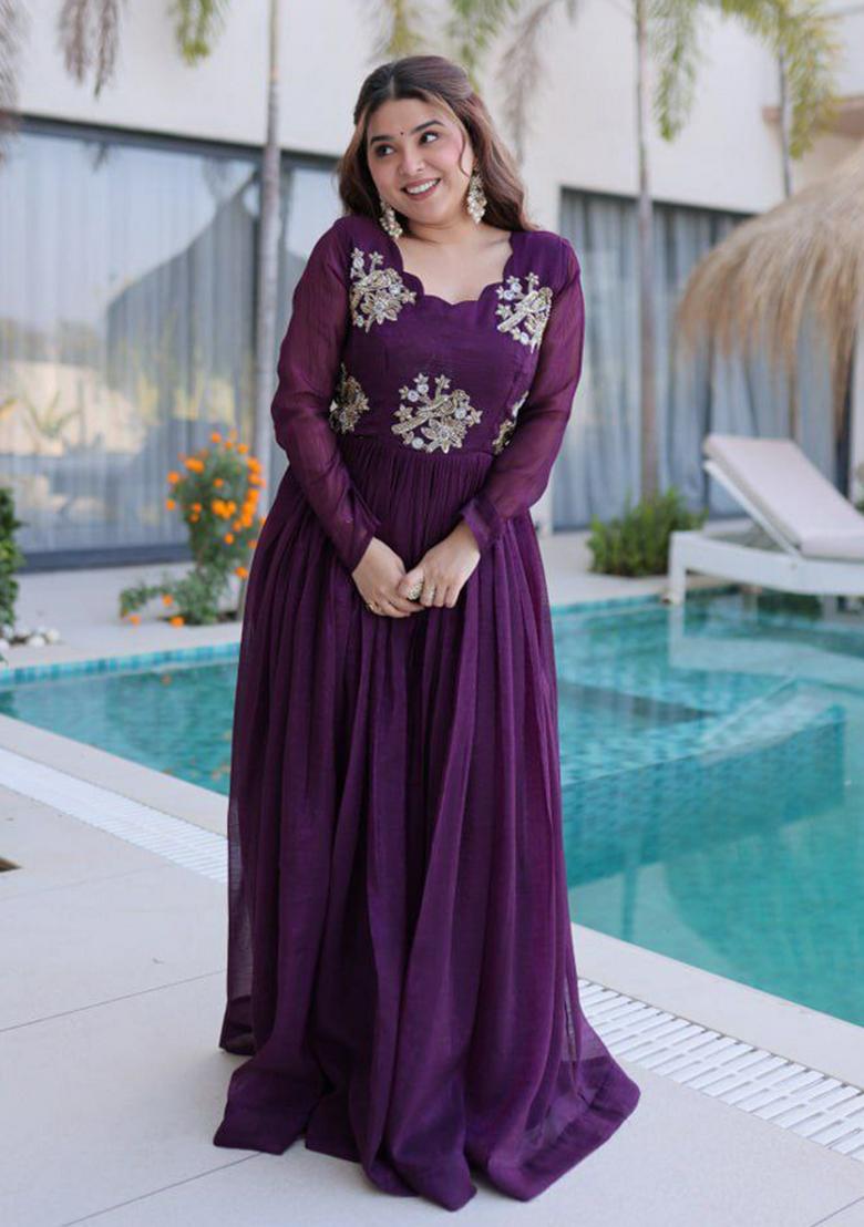 Purple Embroidery Crunchy Kurta - Indya
