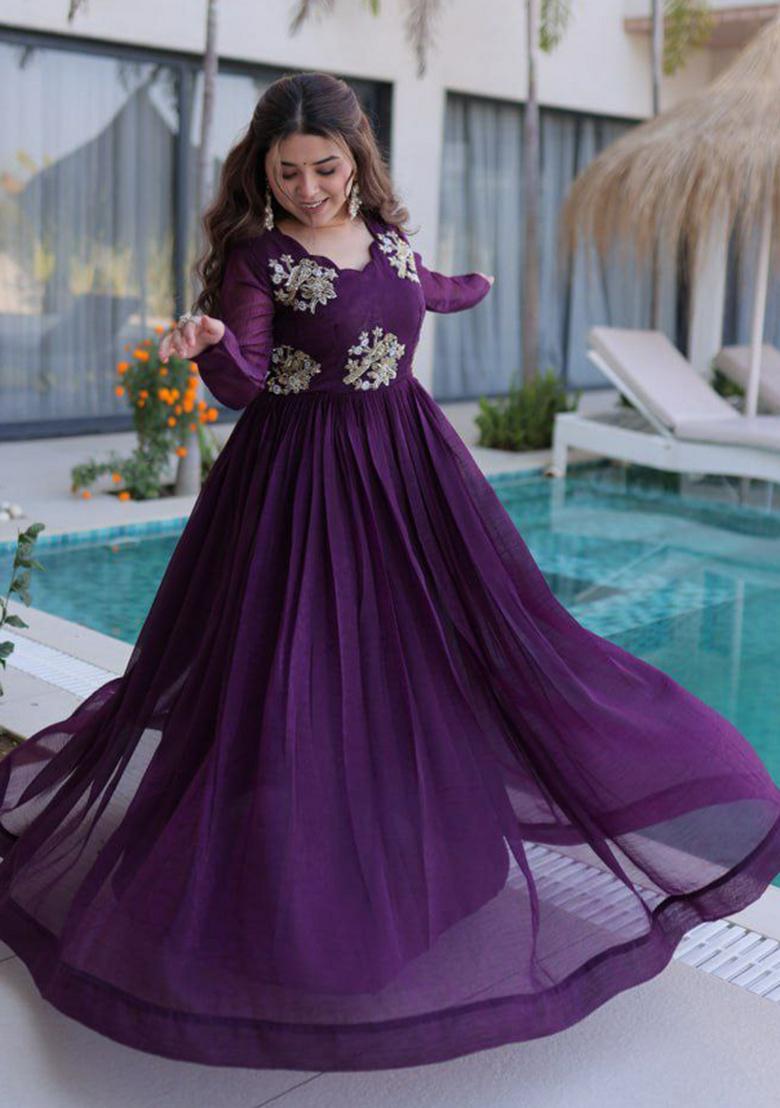 Purple Embroidery Crunchy Kurta - Indya