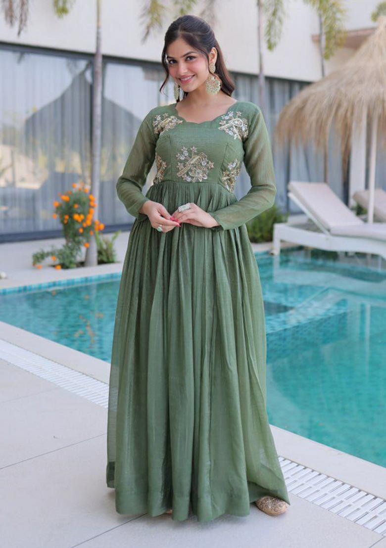 Green Embroidery Crunchy Kurta - Indya