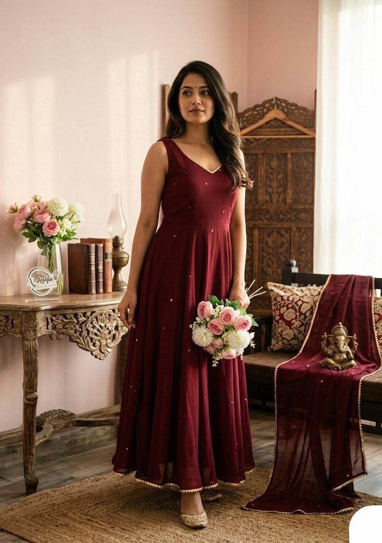 Maroon Embroidery Georgette Salwar Kameez - Indya