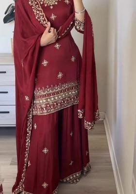 Maroon Embroidery Crepe Salwar Kameez