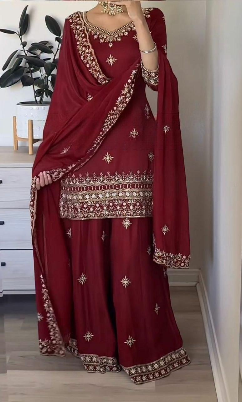 Maroon Embroidery Crepe Salwar Kameez - Indya