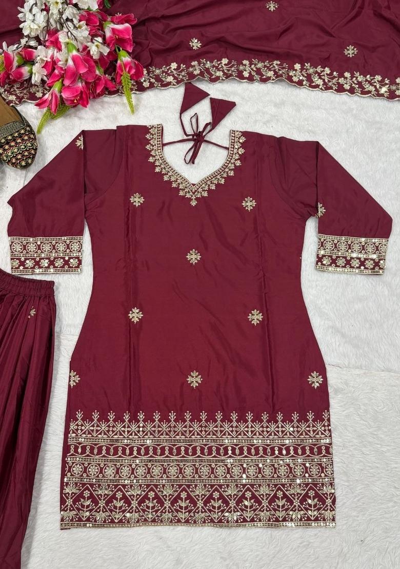 Maroon Embroidery Crepe Salwar Kameez - Indya