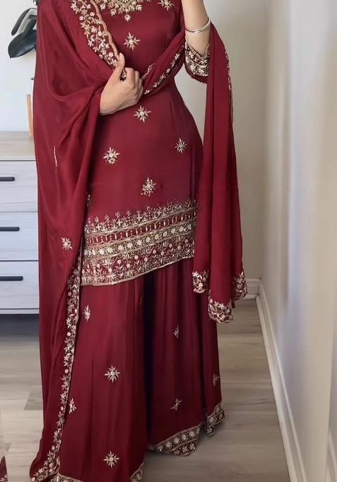 Maroon Embroidery Crepe Salwar Kameez