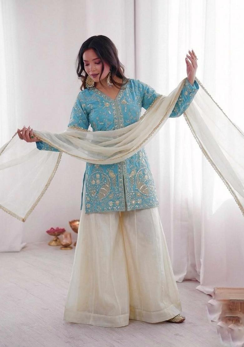 Sky Blue Embroidery Silk Salwar Kameez - Indya