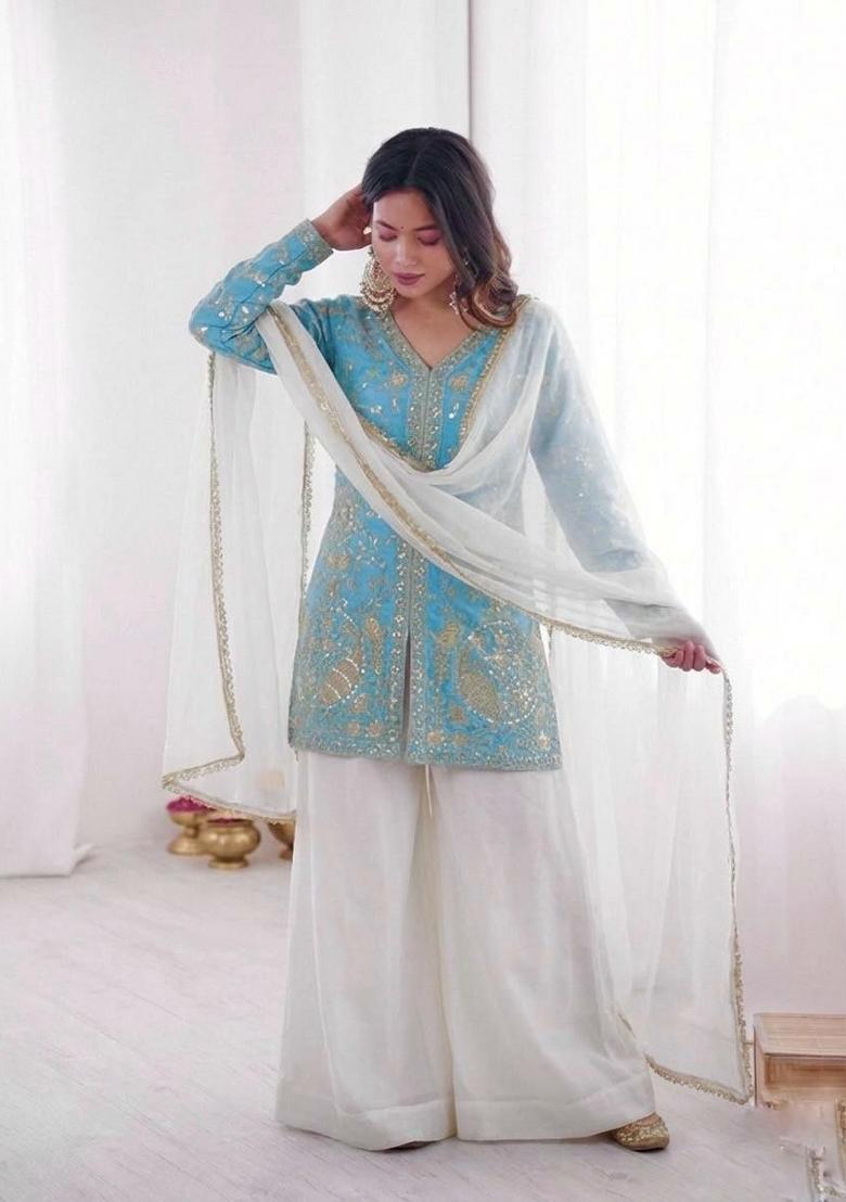 Sky Blue Embroidery Silk Salwar Kameez - Indya