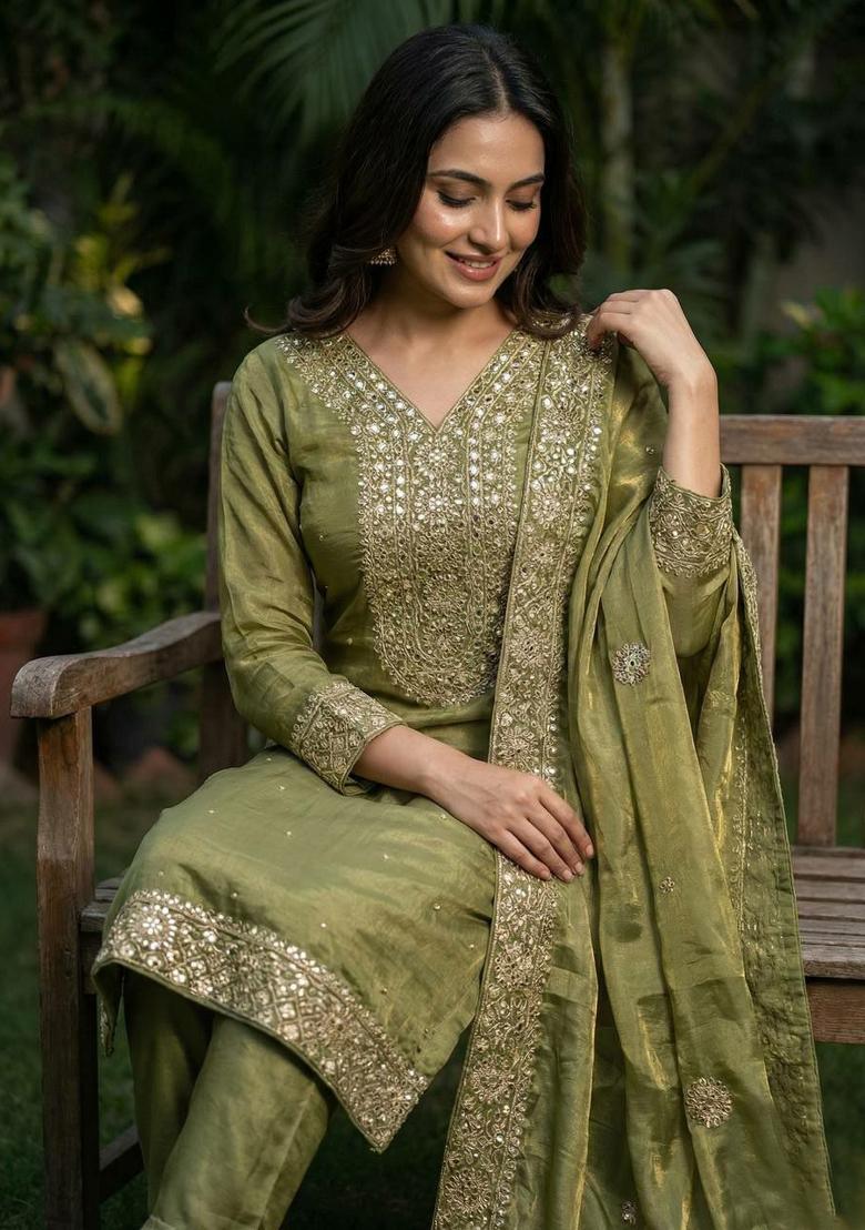 Green Embroidery Silk Salwar Kameez - Indya