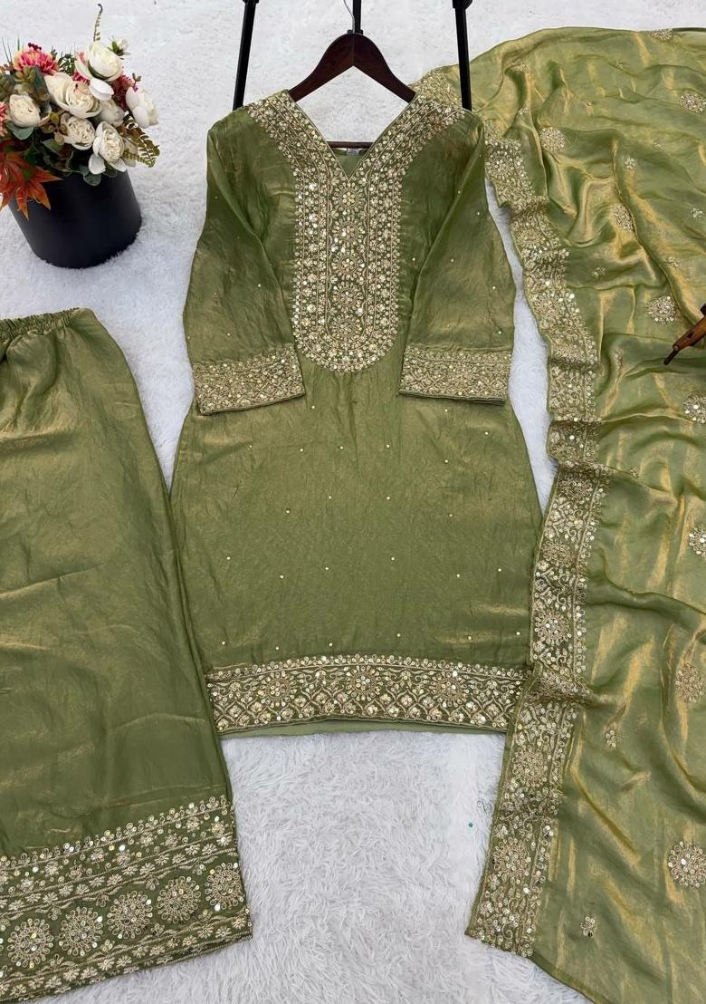 Green Embroidery Silk Salwar Kameez - Indya