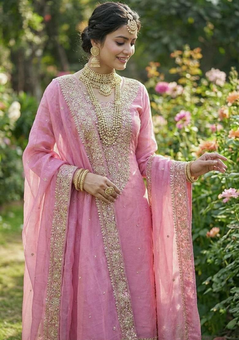 Pink Embroidery Silk Salwar Kameez - Indya