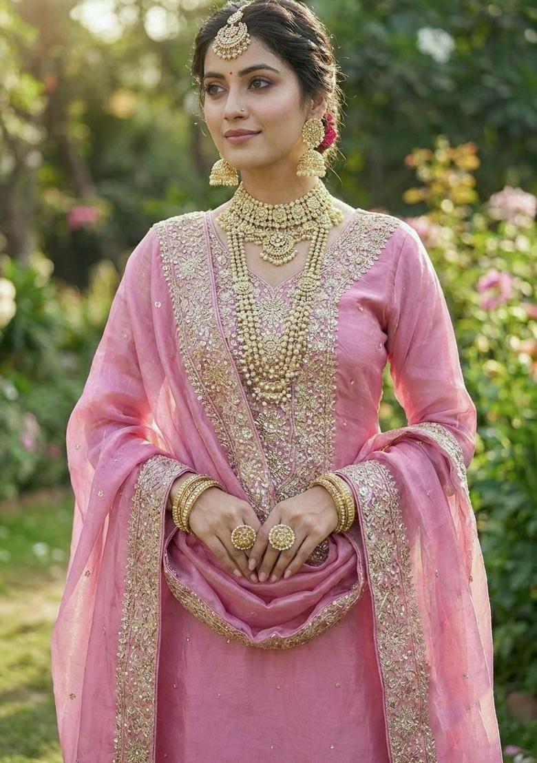 Pink Embroidery Silk Salwar Kameez - Indya