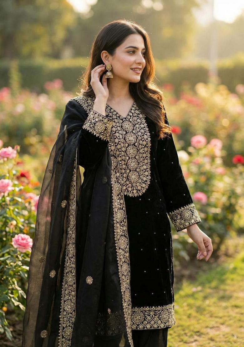 Black Embroidery Silk Salwar Kameez - Indya