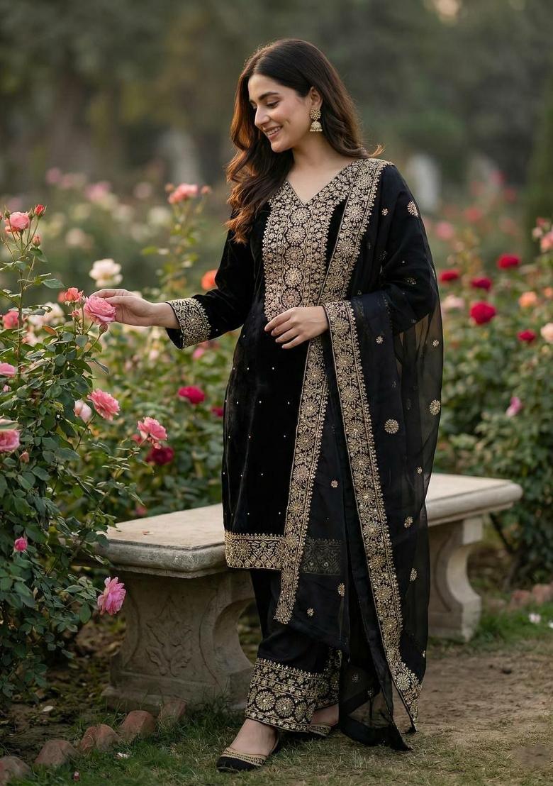 Black Embroidery Silk Salwar Kameez - Indya