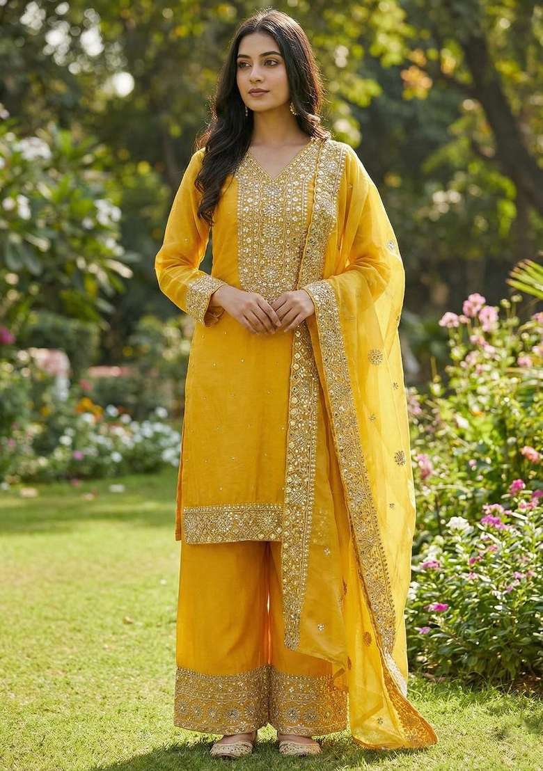 Yellow Embroidery Silk Blend Salwar Kameez - Indya
