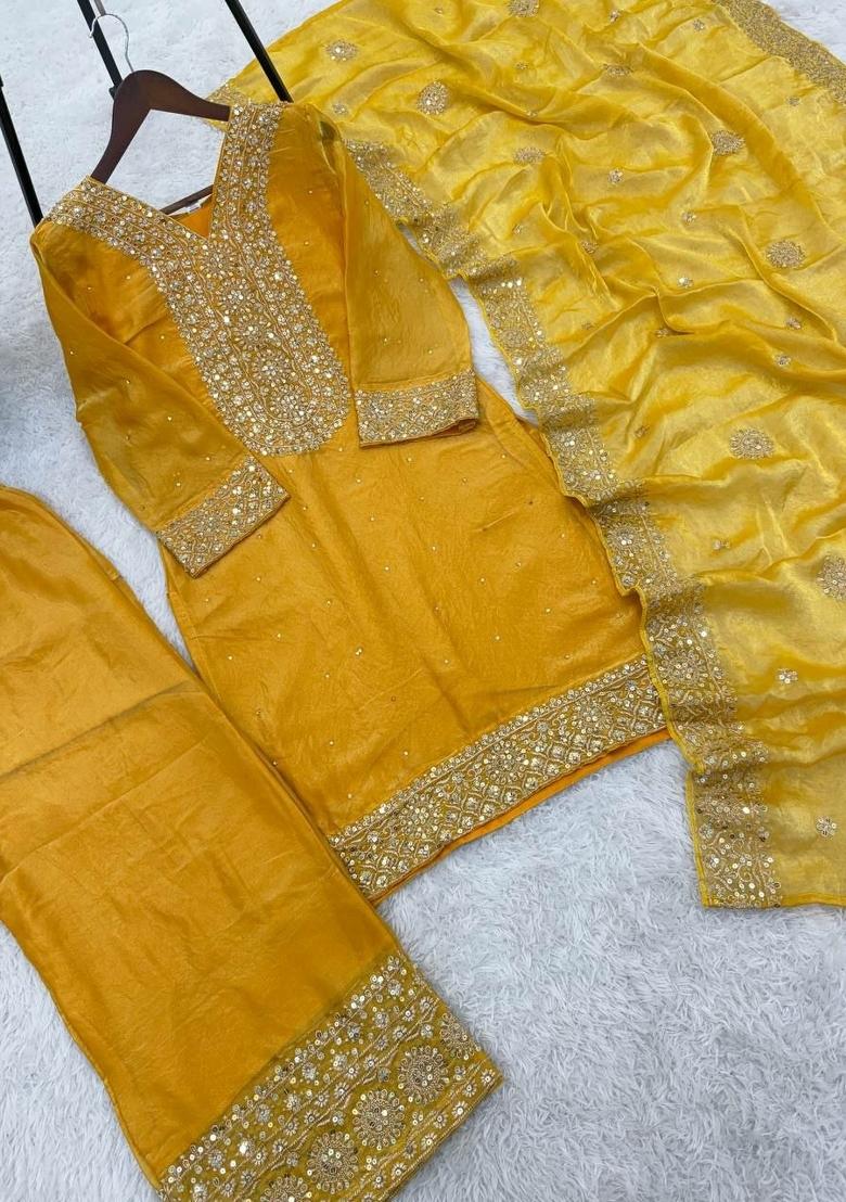 Yellow Embroidery Silk Salwar Kameez - Indya