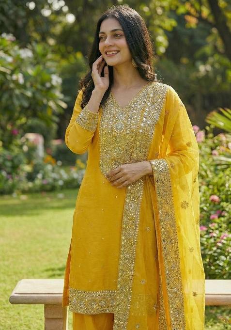 Yellow Embroidery Silk Salwar Kameez — view on Indya