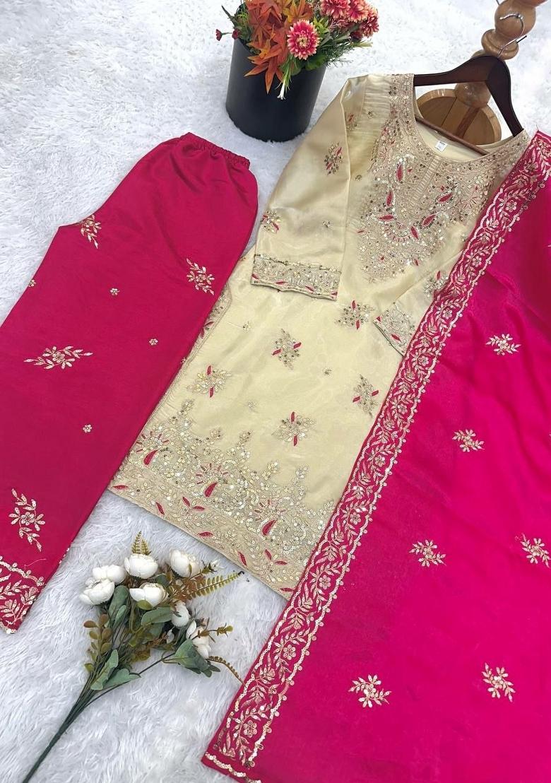 Pink Embroidery Silk Salwar Kameez - Indya