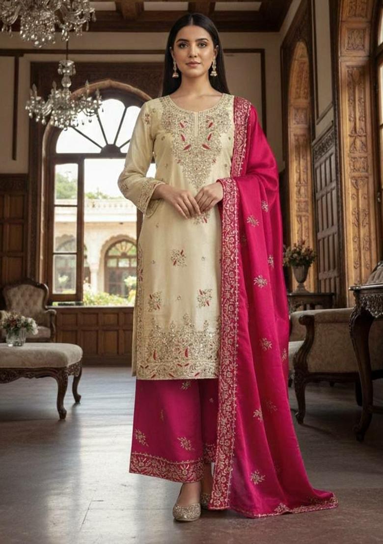 Pink Embroidery Silk Salwar Kameez - Indya