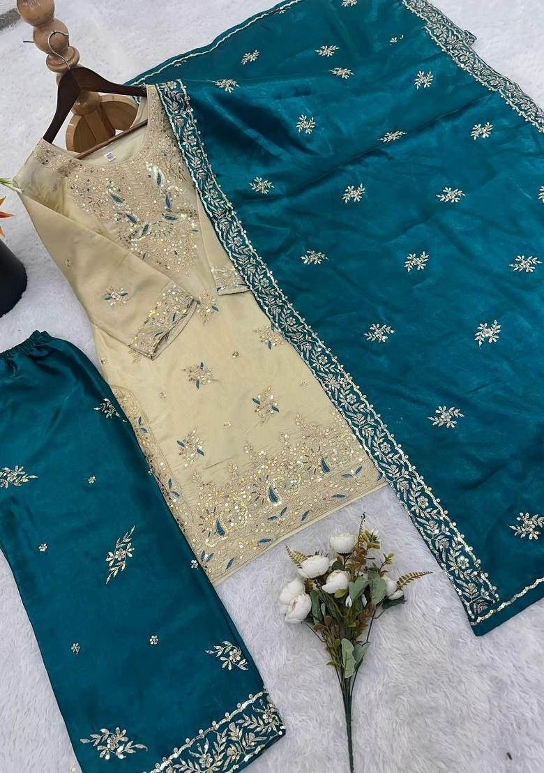 Blue Embroidery Silk Salwar Kameez - Indya