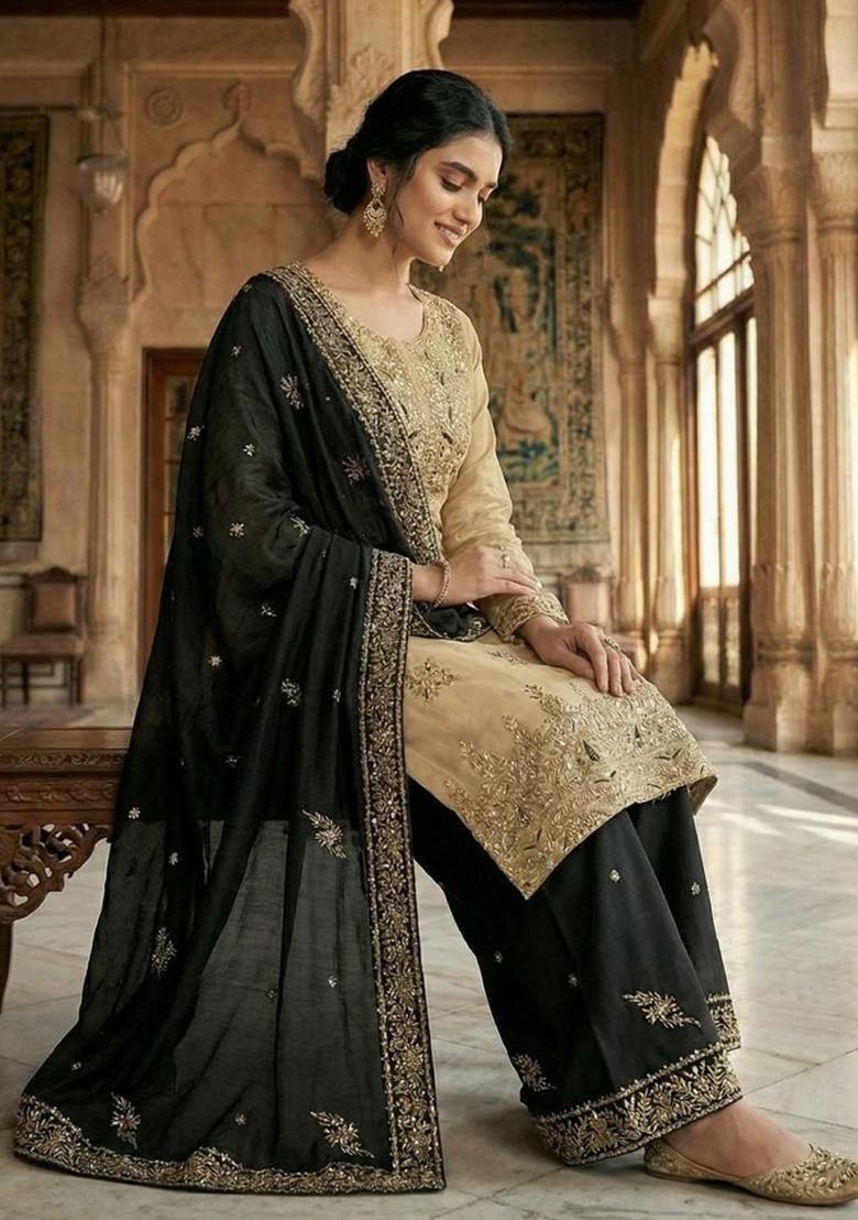 Black Embroidery Silk Salwar Kameez - Indya