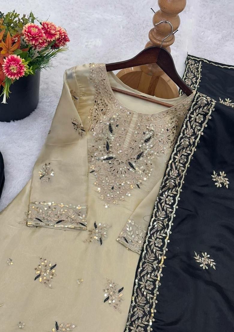 Black Embroidery Silk Salwar Kameez - Indya