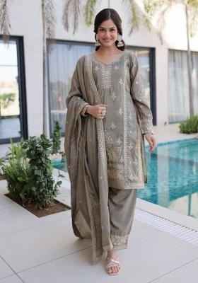 Grey Embroidery Silk Salwar Kameez