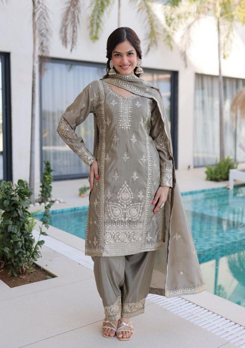 Grey Embroidery Silk Salwar Kameez - Indya