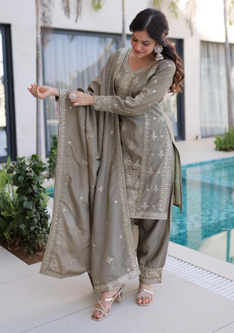 Grey Embroidery Silk Salwar Kameez - Indya
