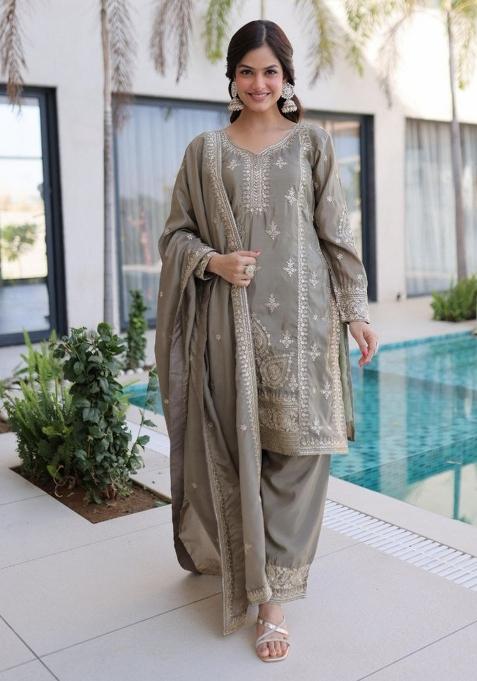 Grey Embroidery Silk Salwar Kameez